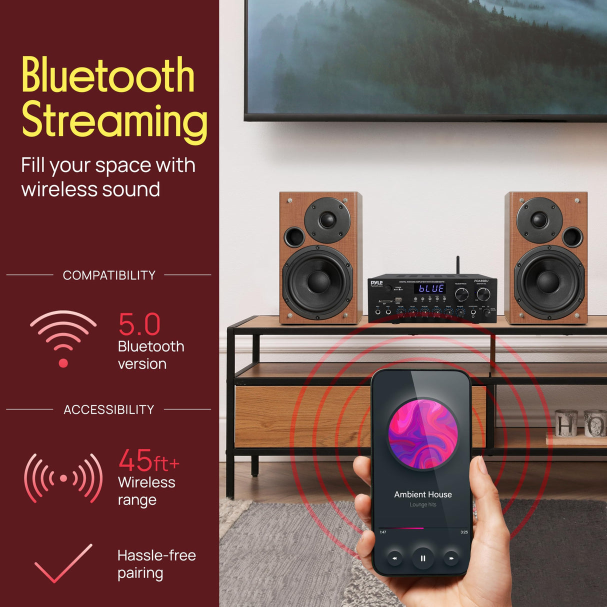 Pyle Amplificador estéreo Audio Receptor Sistema de Sonido con Bluetooth Wireless Streaming, MP3/USB/SD/AUX/FM Radio