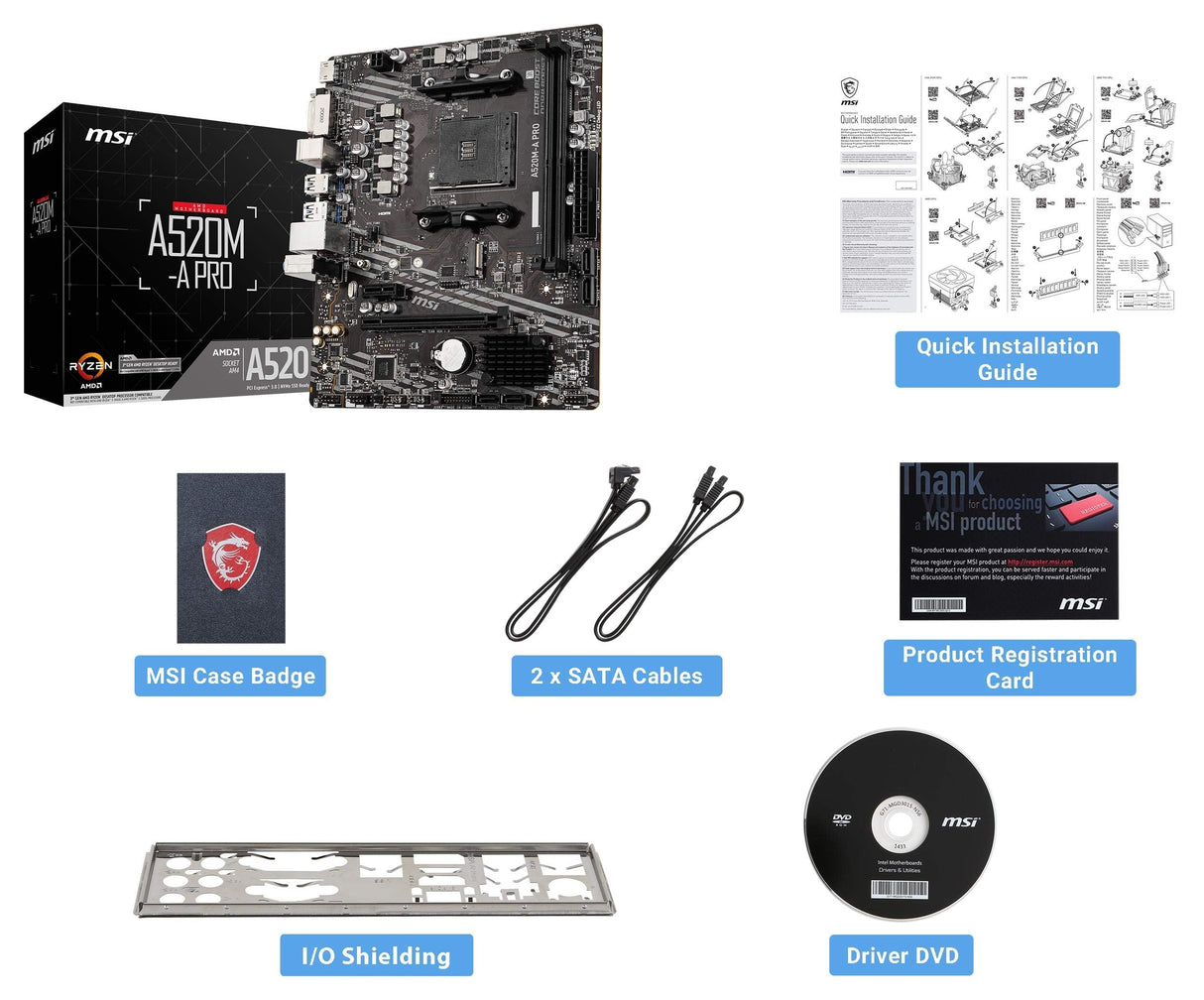 MSI Placa Base para Juegos A520M-A Pro (AMD Ryzen 5000, AM4, DDR4, PCIe 3.0, SATA 6Gb/s, M.2, USB 3.2 Gen 1, DVI/HDMI, Micro-ATX)