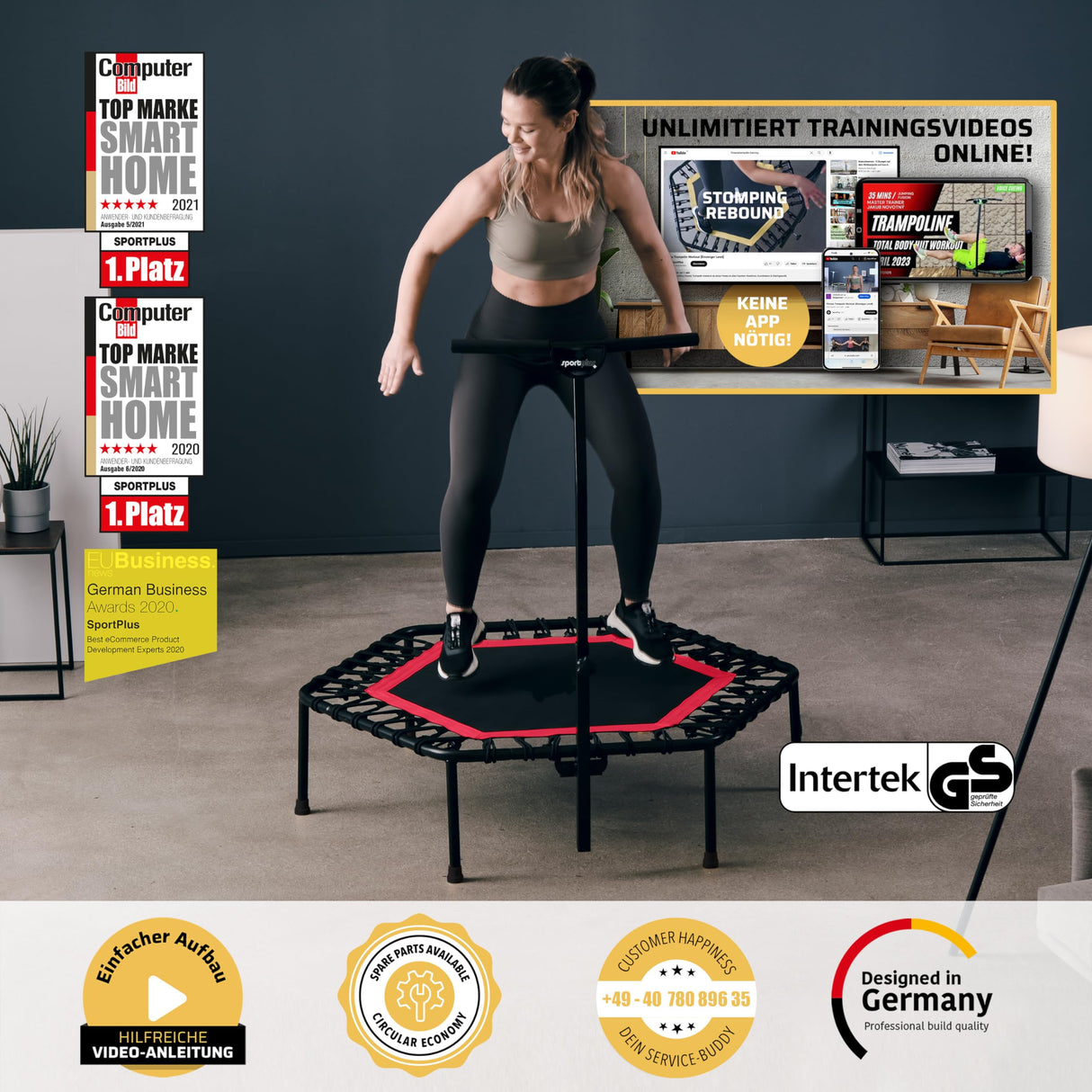 SportPlus Trampolín Fitness con Mango Regulable – Cama Elástica para Adultos – Ideal para Ejercicios en Casa - Carga Máxima de 130 Kg - Diámetro 110 cm