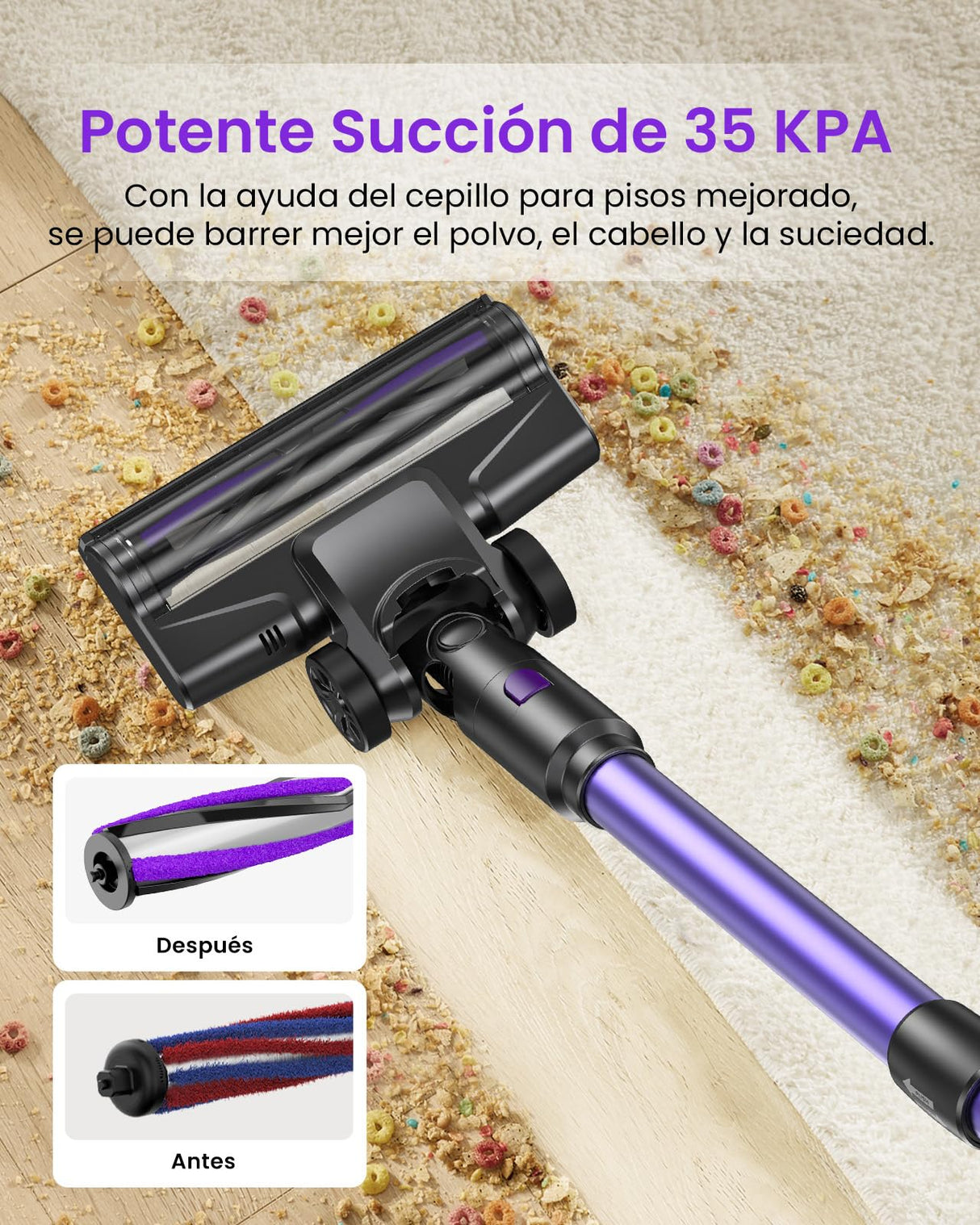 Vexilar Aspiradora sin Cable V8PRO 35KPa,Aspirador 3-en-1 Autonomía 40 Mins, Escoba Aspiradora sin Cable Potente Succión,Aspirador Vertical para Pelo de Mascotas/Alfombra/Suelo/Coche
