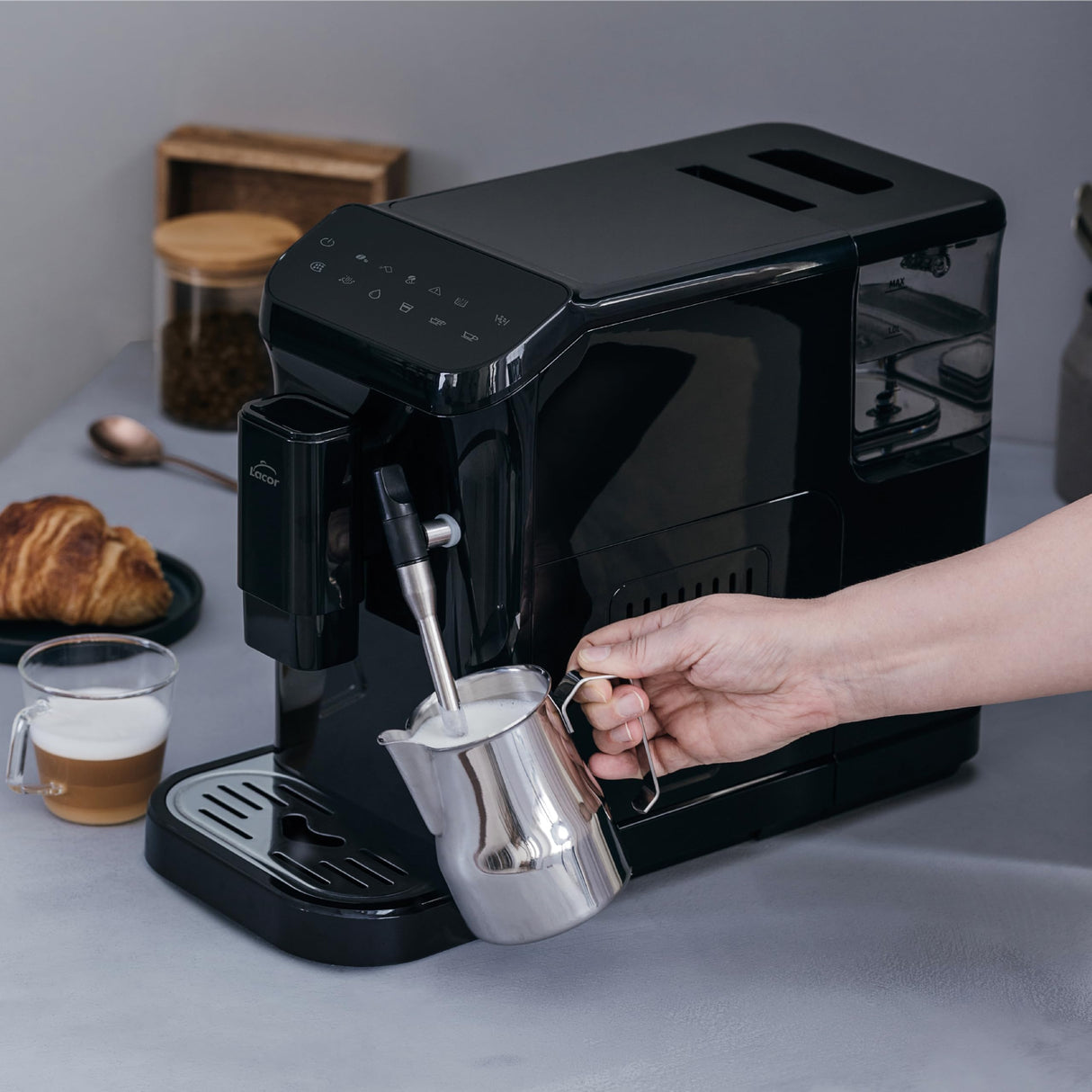LACOR - 69435 - Cafetera Automática Sabore, Café Recién Molido, Sistema AutoClean, 15 Niveles de Molienda, Vaporizador Incluido