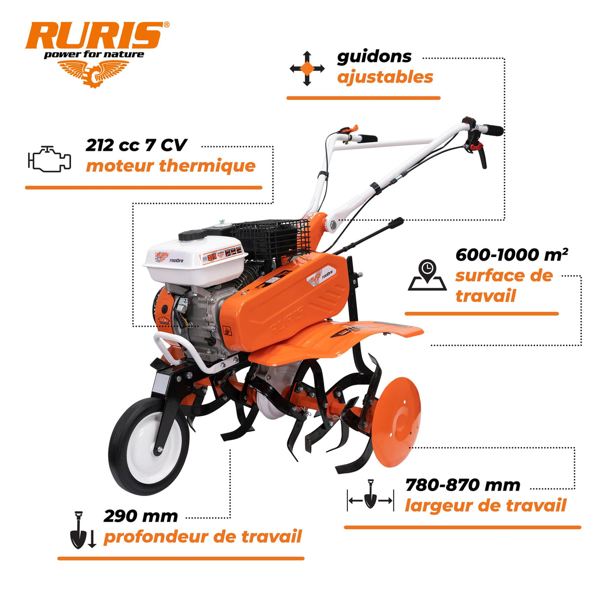 RURIS POWER FOR NATURE Motobinosa 7000 FR, 7 CH, 24 Fresas, Ancho de Trabajo 560-830 mm, manillares Ajustables +Tope + Lote contrapeso 10 kg