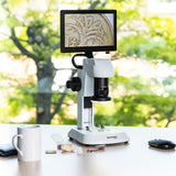 Bresser Microscopio LCD con análisis de luz y luz en 5 Niveles de Brillo, Zoom Continuo (0,7 x – 4,5 x), Pantalla de 22,5 cm y Enfoque Grueso y Fino, Blanco