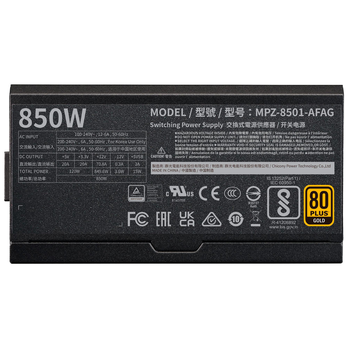 Cooler Master V850 Gold i Multi PSU, Enchufe EU – 850W, 80 PLUS Gold, Totalmente Modular, Semi Digital, Soporte ATX 3.0, Ventilador FDB 135mm, Modo Smart Thermal Control, MasterPlus+, 10 Años Garantía