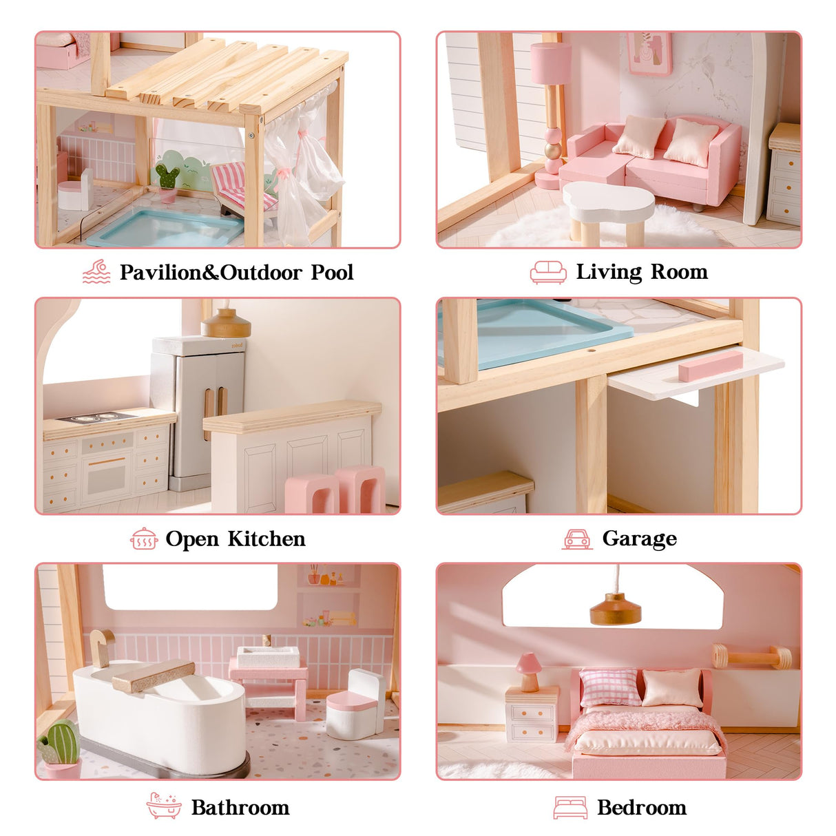 ROBUD Casa de muñecas de Madera,Villa de muñecas con Muebles,con Ascensor, Garaje, cenador y Piscina,Regalo para niños a Partir de 3, 4, 5, 6 años y Mayores,Rosa