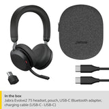 Jabra Evolve2 75 Auriculares Estéreo Inalámbricos para PC con tecnología de 8 micrófonos-Auriculares de Doble Espuma y Cancelación de Ruido Activa, Adaptador Bluetooth USB-C-Para MS Teams-Negro