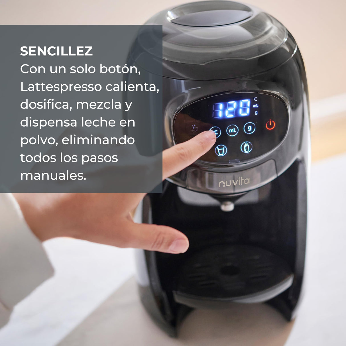 Nuvita 1180 Lattespresso - Preparador instantáneo de leche en polvo, dosificación precisa, calentamiento y mezcla, 4 temperaturas seleccionables, compatible con la mayoría de marcas de leche en polvo