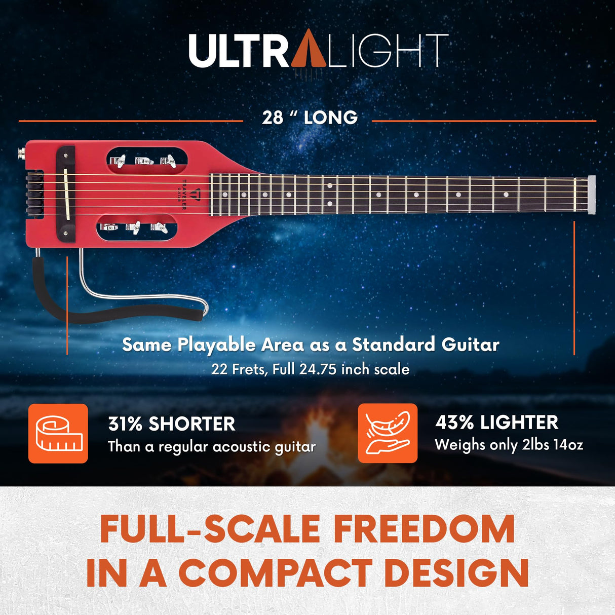 Traveler Guitar Guitarra acústica y eléctrica ultraligera, rojo vintage (ULA VRDM)