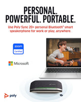Altavoz manos libres portátil personal Bluetooth Poly Sync 20+ (Plantronics) - Reducción de ruido/eco - Adaptador Bluetooth USB-C - Funciona con Teams - Zoom, PC, Mac, móvil - Exclusivo para Amazon