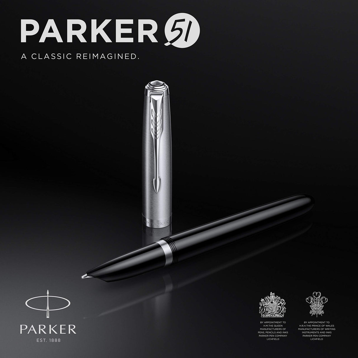 Parker 51 pluma estilográfica | cuerpo negro con adorno cromado | plumín fino con cartucho de tinta negra | estuche de regalo