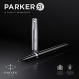 Parker 51 pluma estilográfica | cuerpo negro con adorno cromado | plumín fino con cartucho de tinta negra | estuche de regalo