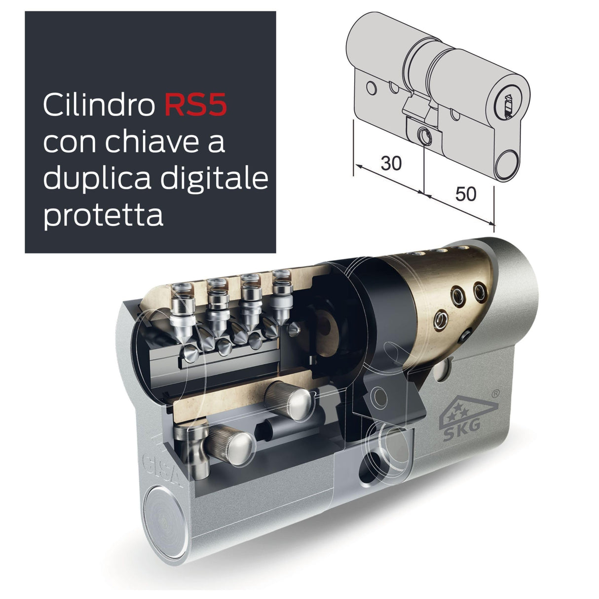 CISA - Cilindro Europeo de Seguridad RS5 10R3M11701200C5 - Cilindro con 5 filas de pernos radiales - 5 llaves de duplicación digital protegida - Dimensiones 50/30
