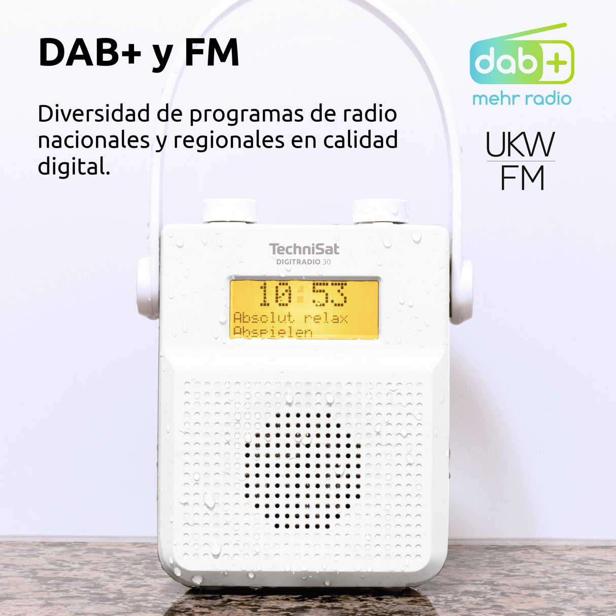 TechniSat DIGITRADIO 30 - Radio de Ducha Impermeable Dab+ (FM, Radio Digital Dab, batería integrada, Bluetooth, Resistente al Agua IPX5, Despertador, Memoria Favorita, Conector para Auriculares)