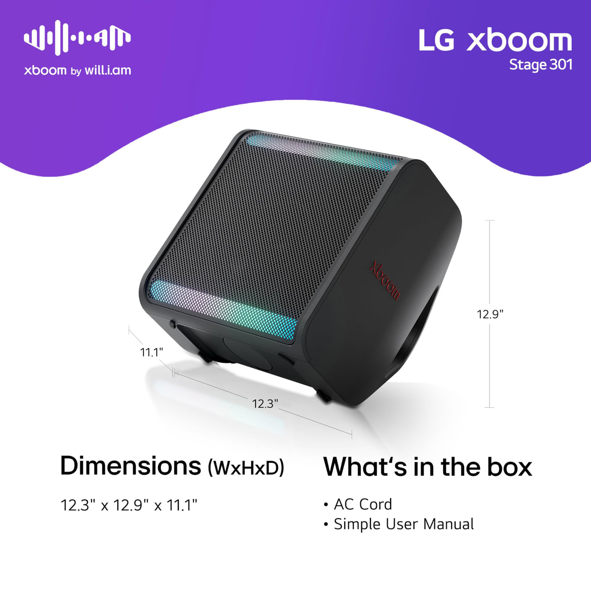 LG xboom Stage301, Altavoz Bluetooth, Alta Potencia, Portátil, Funciones DJ, Karaoke, con Luces LED Variables, Amplia Conectividad, El Sonido Absoluto