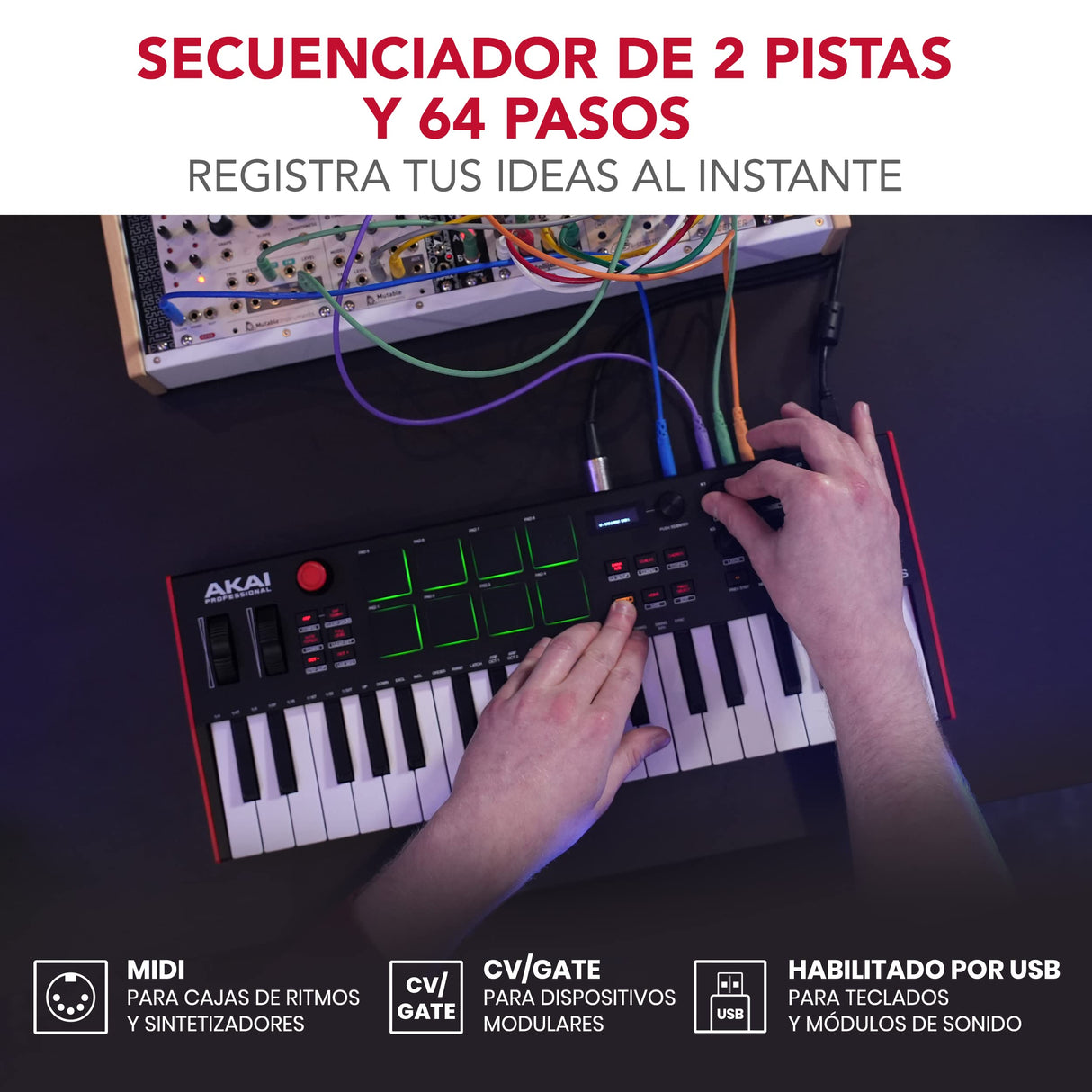 Akai Professional MPK Mini Plus - Teclado Controlador MIDI USB de 37 Mini Teclas con 8 Pads MPC, Secuenciador, MIDI/CV/Gate I/O, Software de Producción y Native Instruments Sound Package