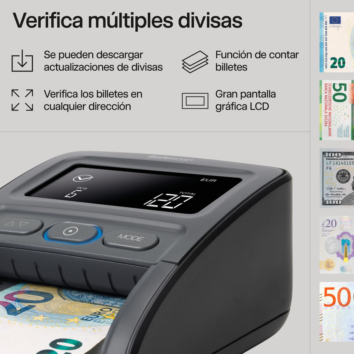 Safescan 155-S Detector de billetes falsos automático para verificar rápidamente billetes - Detector billetes falsos con 7 puntos de detección - Detector de billetes falsos 100% fiable