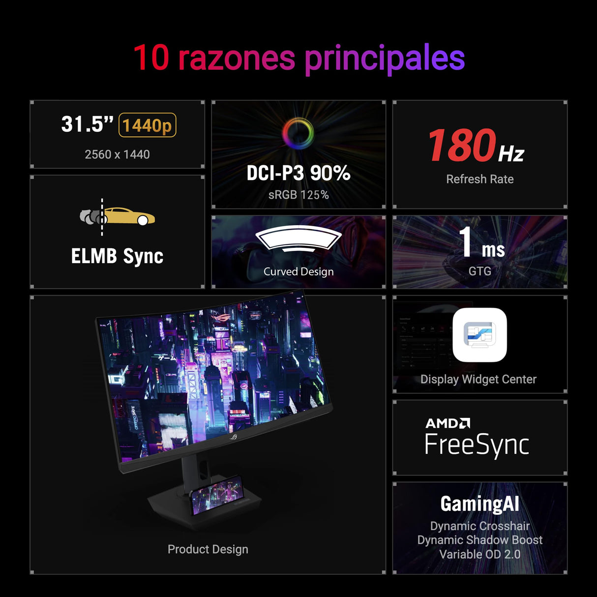ASUS ROG Strix XG32WCS - Monitor Gaming USB Tipo-C de 32 Pulgadas 2560x1440, Curvo, 180 Hz (sobre 144 Hz), 1ms (GTG), Fast VA, EMLB Sync, FreeSync, Soporte para trípode, HDR
