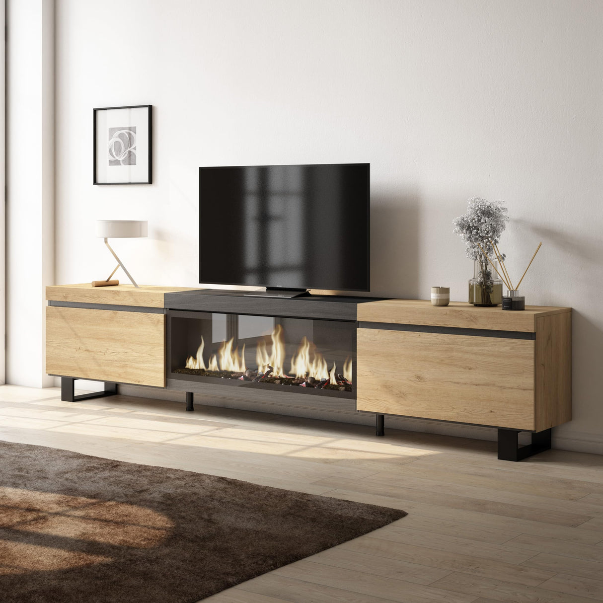 Skraut Home | Mueble TV | Televisión | Muebles de salón, almacenaje | 267x57x35 cm | para TV Gran Formato | Chimenea eléctrica XXL | Diseño Industrial | Estilo Moderno | Roble y Negro