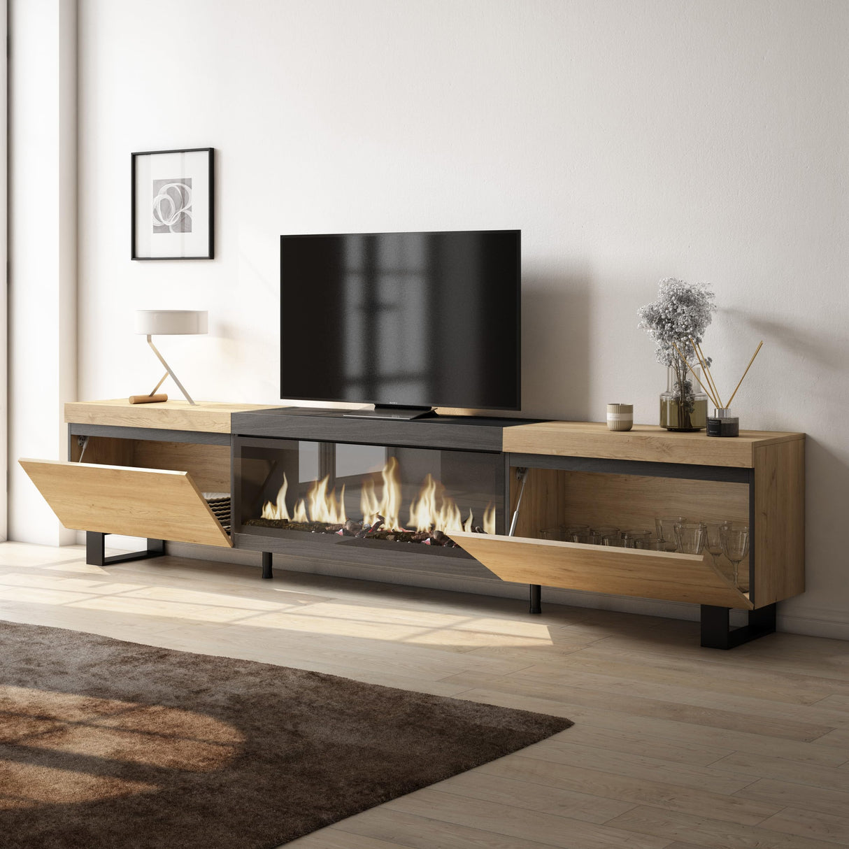 Skraut Home | Mueble TV | Televisión | Muebles de salón, almacenaje | 267x57x35 cm | para TV Gran Formato | Chimenea eléctrica XXL | Diseño Industrial | Estilo Moderno | Roble y Negro