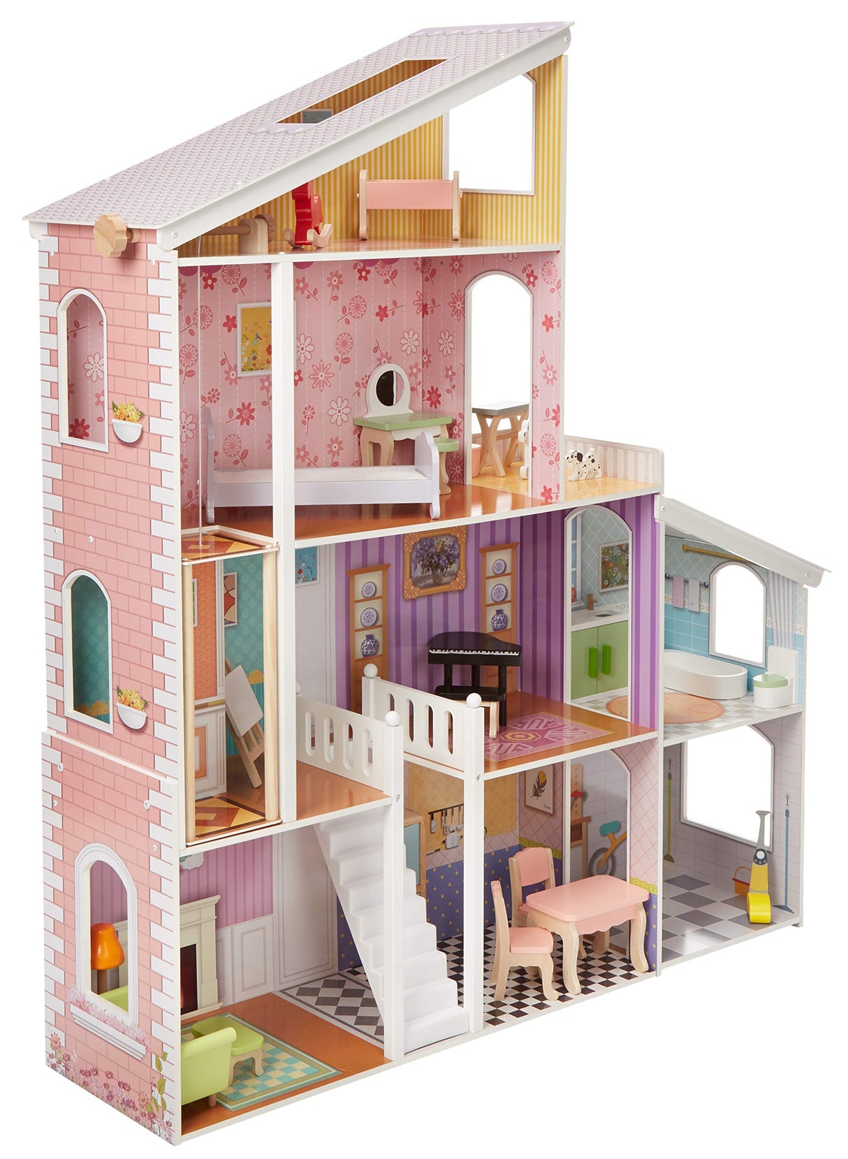 Amazon Basics - Casa de muñecas de madera y 4 pisos y muebles para muñecas de 30.48 cm