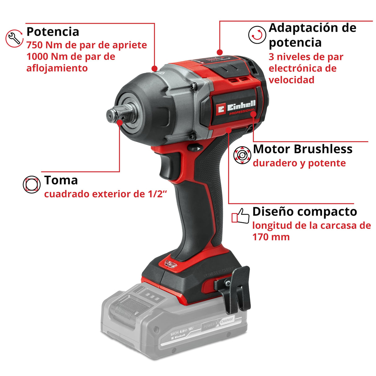 Einhell Atornillador impacto con batería TP-CW 18/750-C Li BL-Solo Power X-Change (18V, par 750Nm, par de aflojamiento 1000Nm, brushless, recepción cuadrada exterior, sin batería)