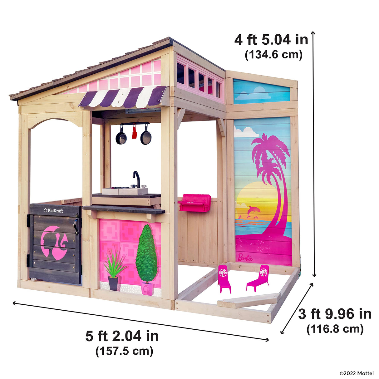 KidKraft Casita Infantil Barbie de Madera con Cocina de Juguete para Niños y Niñas, Casita de Juego para Exterior, Jardín o Patio con Tumbonas para Muñecas (P280192E), Exclusivo en Amazon