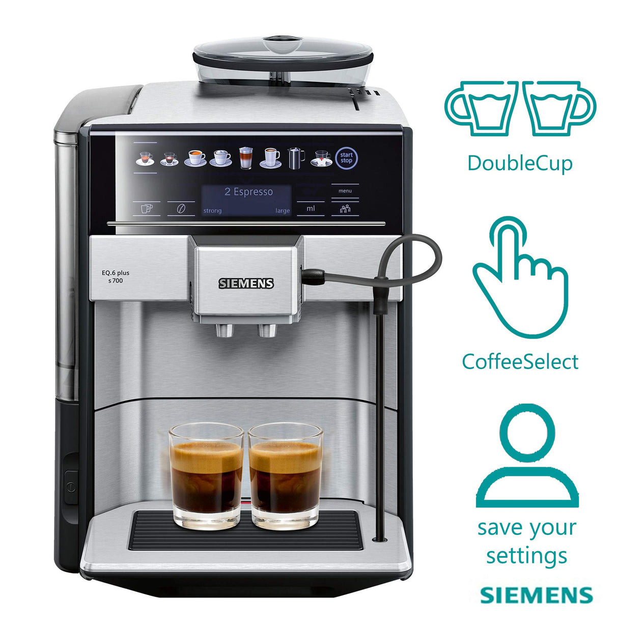 Siemens Cafetera totalmente automática EQ6 Plus S700, pantalla a color transparente, prepara dos tazas al mismo tiempo, limpieza automática del sistema de leche, diseño de acero inoxidable, TE657313RW
