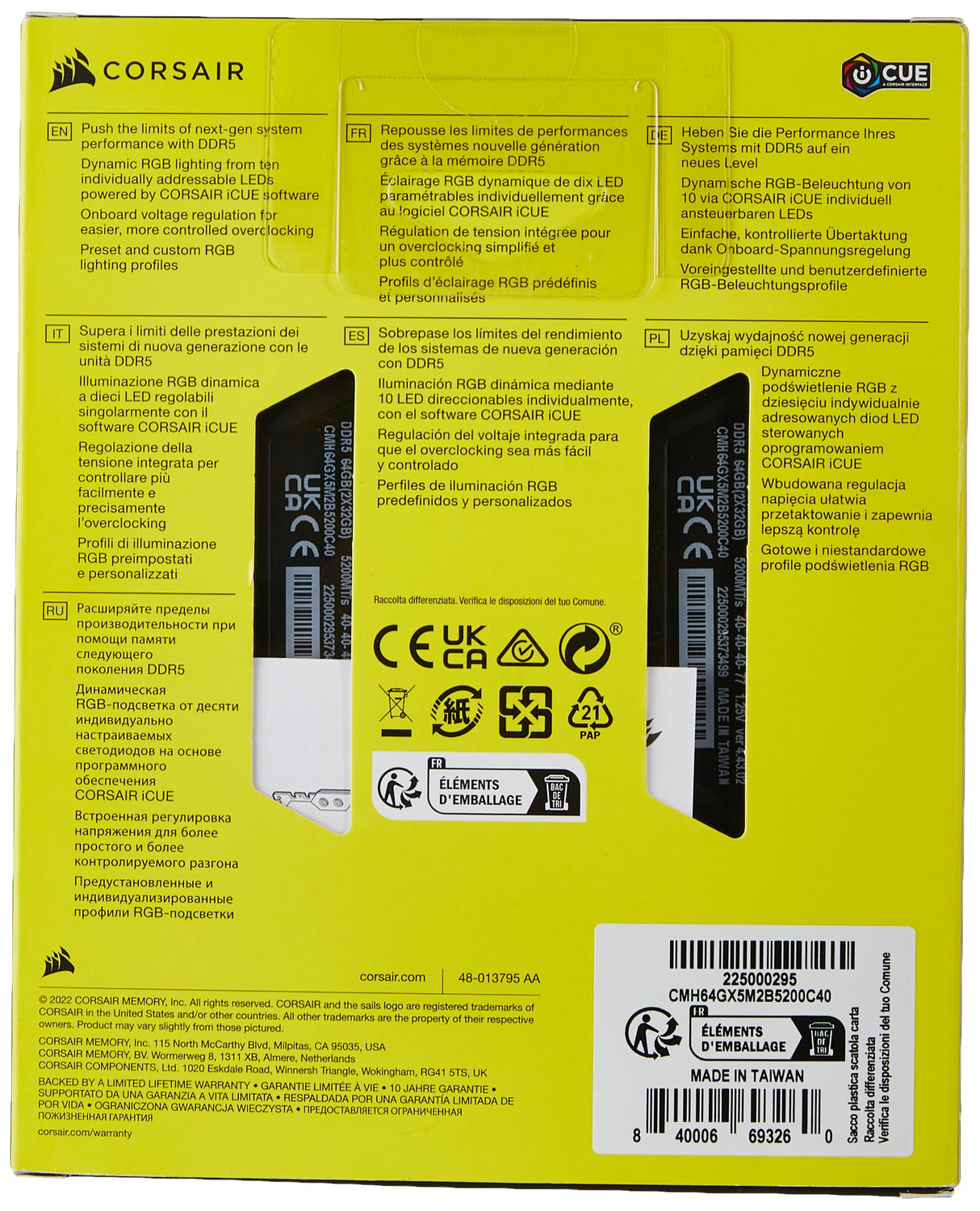 Corsair Vengeance RGB DDR5 64GB (2x32GB) 5200Mhz C40 Memoria optimizada de Intel (Iluminación dinámica RGB en Diez Zonas, Regulación de Voltaje a Bordo, perfiles XMP 3.0 Personalizados) Negro