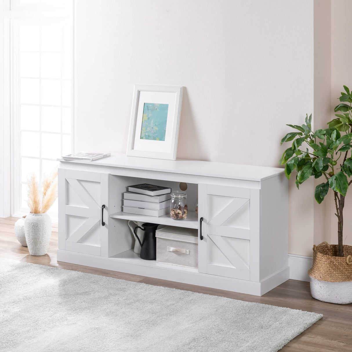 Zinus Wade Mueble TV - Mueble TV 147x67x40 cm - Unidad con mueble de almacenamiento - Blanco