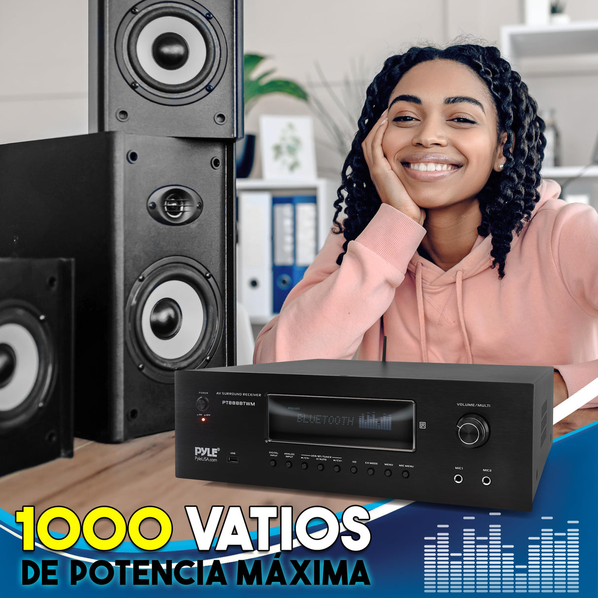 Pyle Amplificador de Sonido, 1000W, Bluetooth, Inalambrico, Sistema Receptor de Karaoke y Cine, para el hogar, Microfono inalambrico, 5.2 Canales, MP3/USB/HDMI/AM/FM Radio