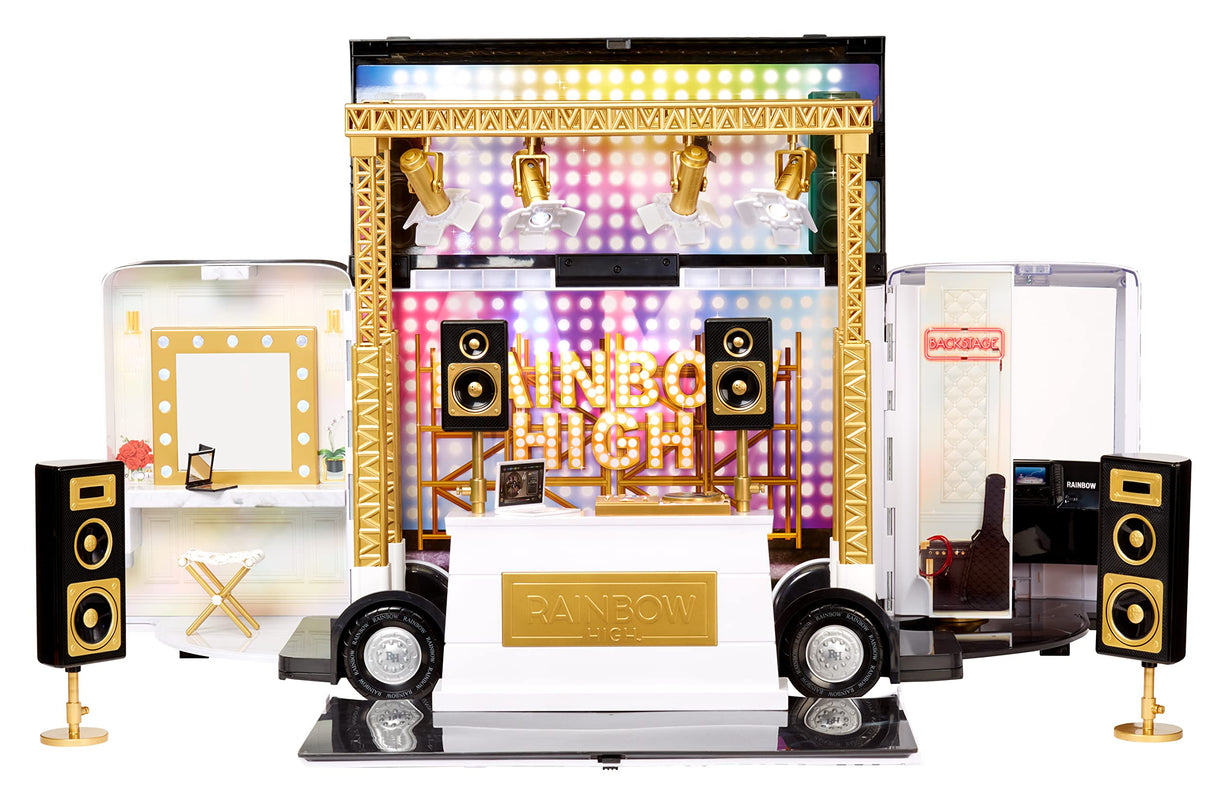 RAINBOW HIGH Rainbow Visions World Tour Autobús y Escenario 4-en-1 - Incluye Equipo de DJ, Luces Reales, camerino, Accesorios y Pilas - Edad: 6+ años