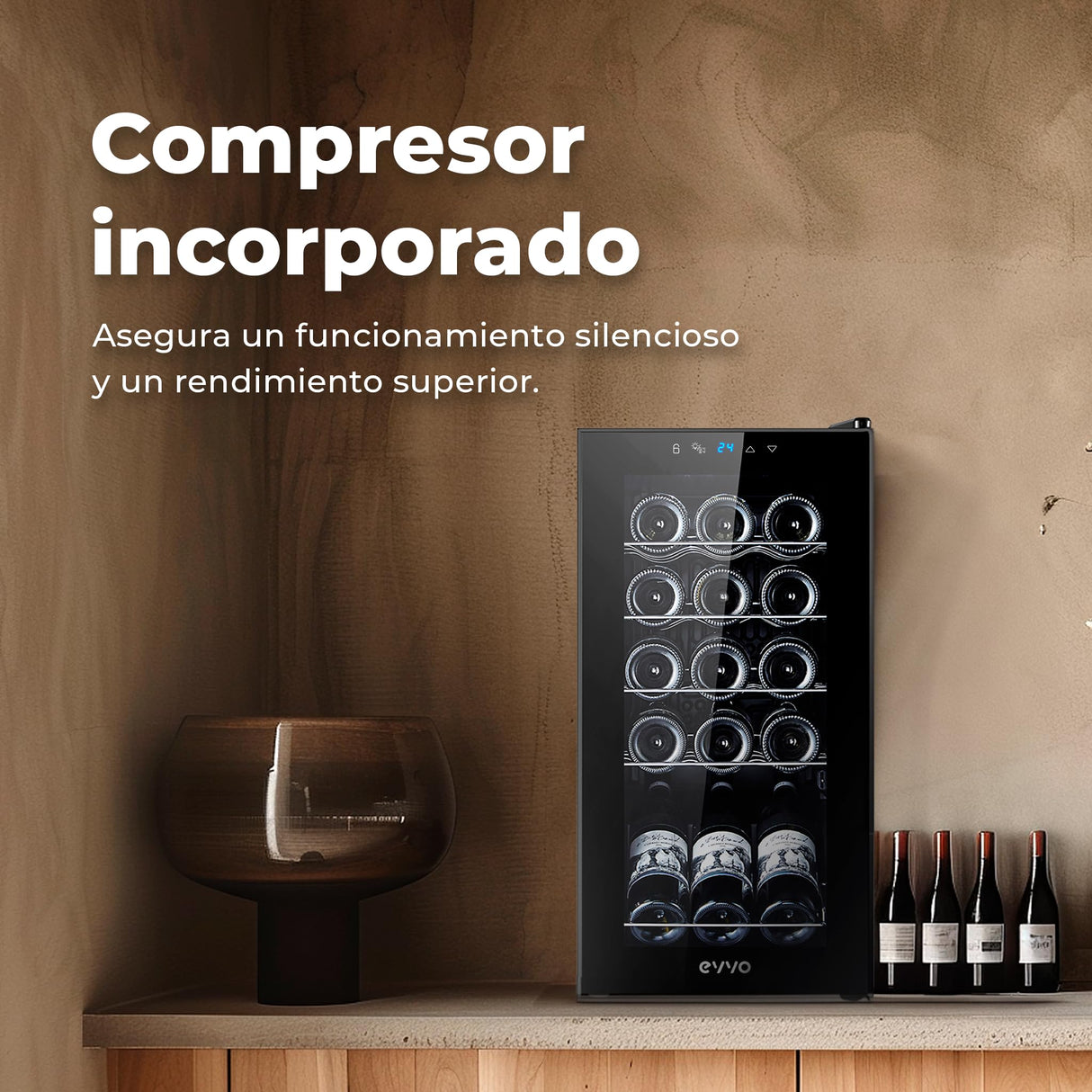 EVVO Vinoteca 15 Botellas, Botellero Vertical, Display Temperatura Interior, Tecnología de Enfiramiento Termoeléctrico, Temperatura Ajustable 5-18ºC, Muy Silenciosa 39 dB, Pantalla Táctil Modelo: VT15