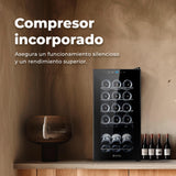 EVVO Vinoteca 15 Botellas, Botellero Vertical, Display Temperatura Interior, Tecnología de Enfiramiento Termoeléctrico, Temperatura Ajustable 5-18ºC, Muy Silenciosa 39 dB, Pantalla Táctil Modelo: VT15