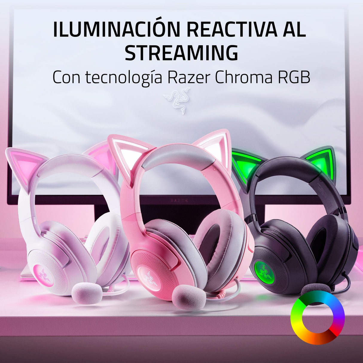 Razer Kraken Kitty V2 - Auriculares RGB con Cable y Kitty Ears para Juegos y Streaming (325 g, transductores Triforce de 40 mm, micrófono cardioide HyperClear, Sonido Envolvente) Blanco