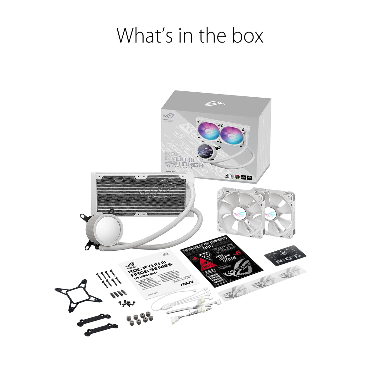 ASUS ROG RYUO III 240 ARGB White Edition Enfriador líquido todo en uno AIO de CPU de 240 mm, solución de bomba Asetek de 8ª generación, pantalla LED Anime Matrix™ y ventilador ROG AF 12S ARGB.