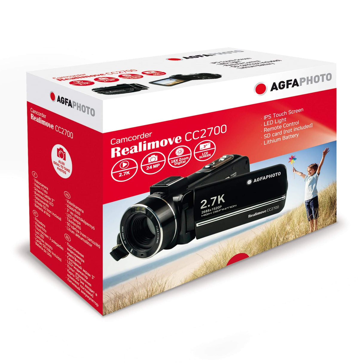 AgfaPhoto Realimove CC2700 - Videocámara de vídeo de 2,7 K, Fotos de 24 MP, Pantalla táctil IPS de 3,0 Pulgadas, Zoom Digital 18X, luz LED, Mando a Distancia, 2 Pilas de Litio