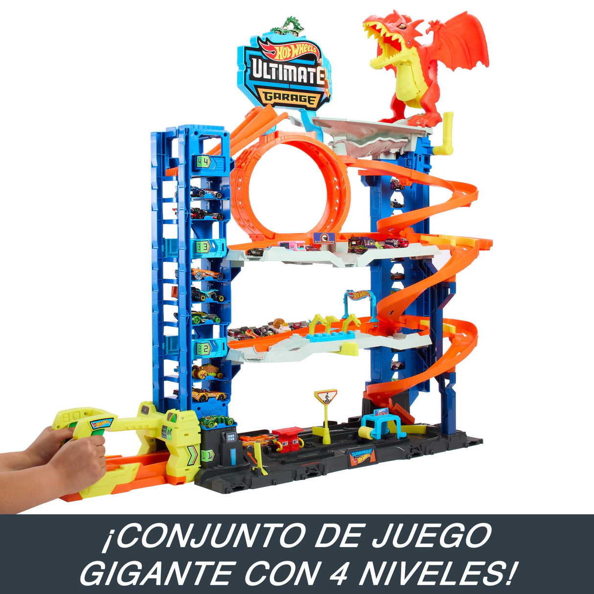Hot Wheels City “Let's Race - ¡a Correr!” Netflix - Garaje definitivo Pista para Coches de Juguete con dragón y 4 Niveles, Incluye 2 vehículos, +4 años (Mattel HKX48)