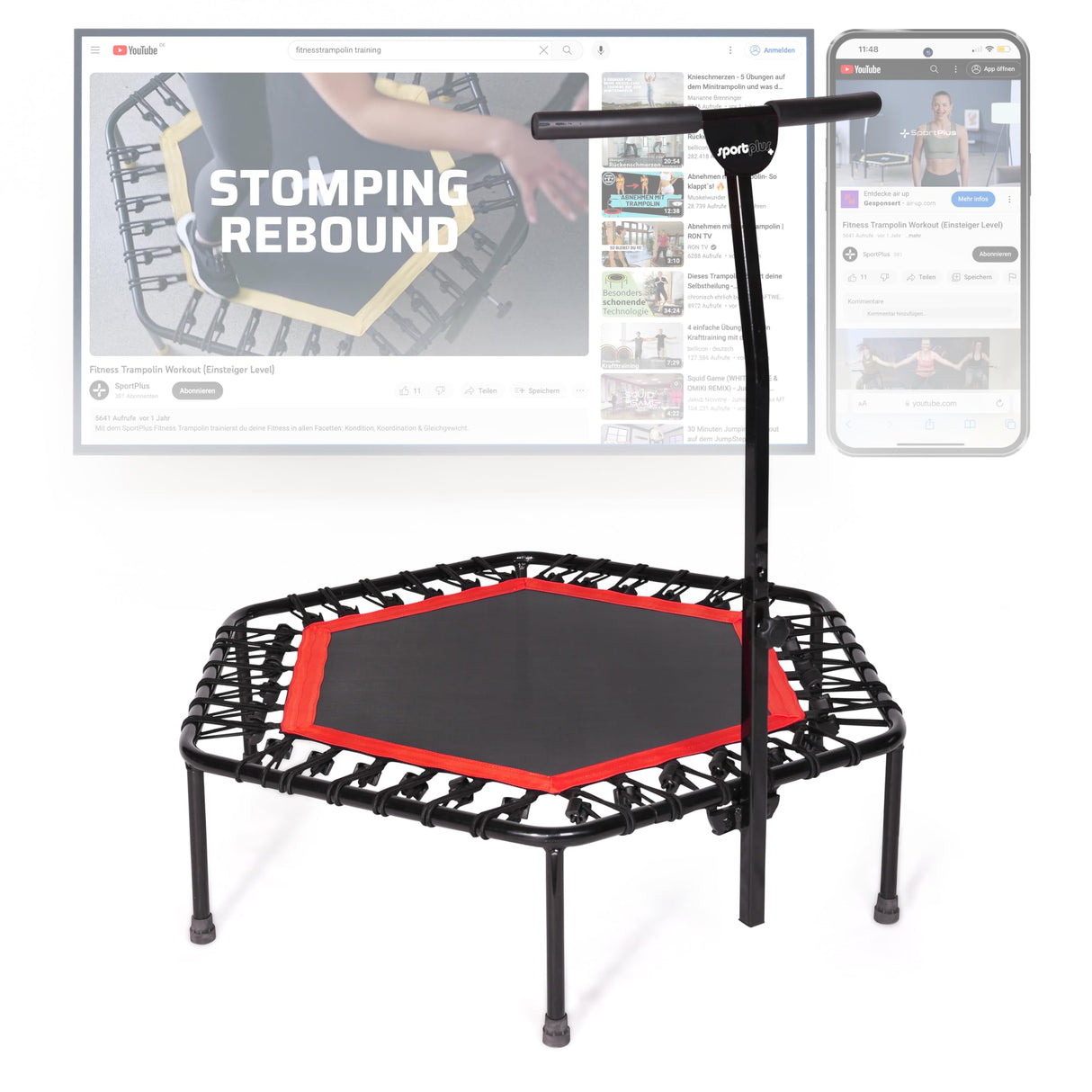 SportPlus Trampolín Fitness con Mango Regulable – Cama Elástica para Adultos – Ideal para Ejercicios en Casa - Carga Máxima de 130 Kg - Diámetro 110 cm