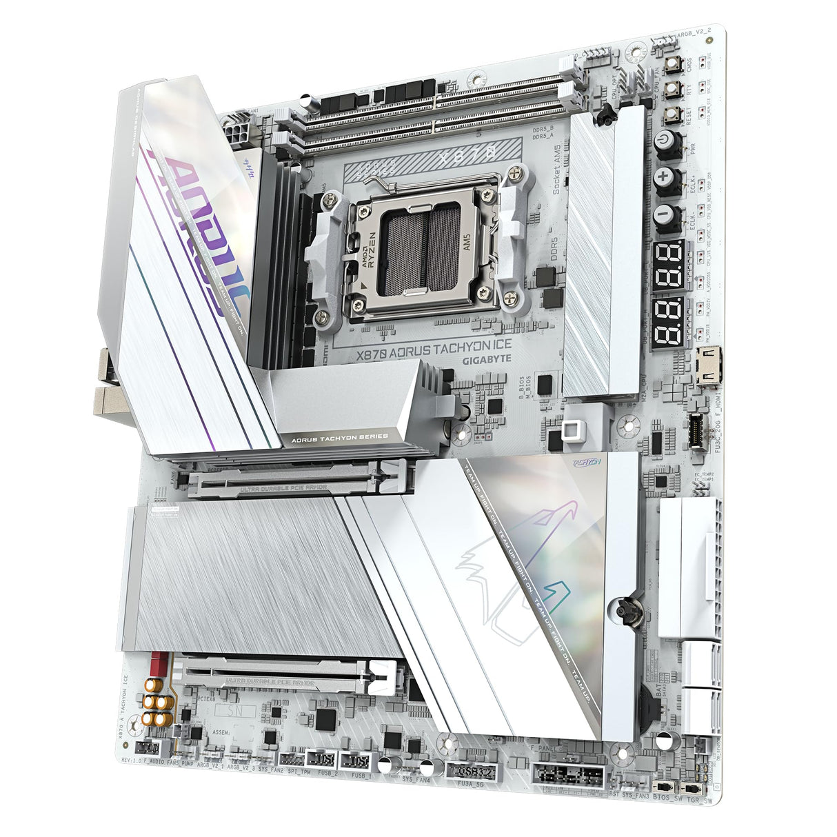 GIGABYTE X870 AORUS Tachyon Ice Placa Base – Compatible con procesadores AMD Ryzen 9000, VRM Digital de 18+2+2 Fases, hasta 9600 MHz DDR5 (OC), 1 x PCIe 5.0 + 2 x PCIe 4.0, Wi-Fi 7, LAN 5 GbE, USB 4