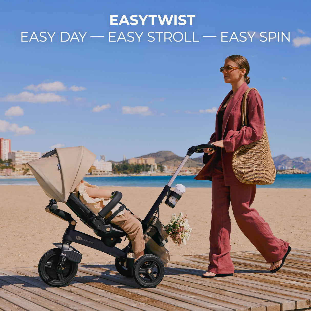 Kinderkraft EASYTWIST Triciclo Infantil, con Accesorios, Ventana de Techo, Cinturones de Seguridad, rotación de 360 Grados, Rueda Libre, Barra de Empuje, a Partir de 9 Meses hasta 5 años, Beige