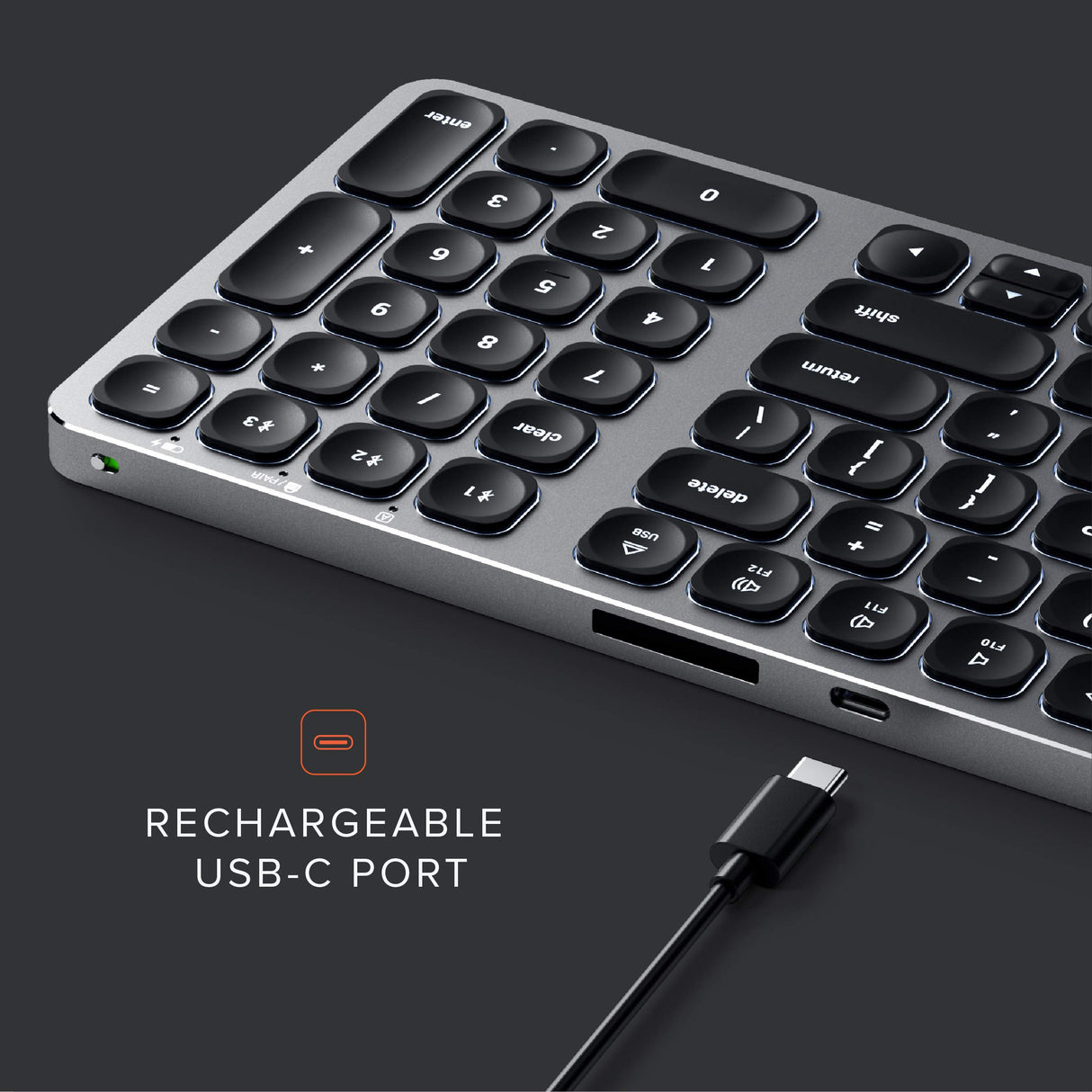SATECHI Teclado Inalámbrico Slim, Distribución QWERTY US Americano, Teclado Bluetooth con Batería Recargable, para MacBook Pro/Air, iPad Pro/Air, Mac Mini, iMac y Más - Gris Espacial