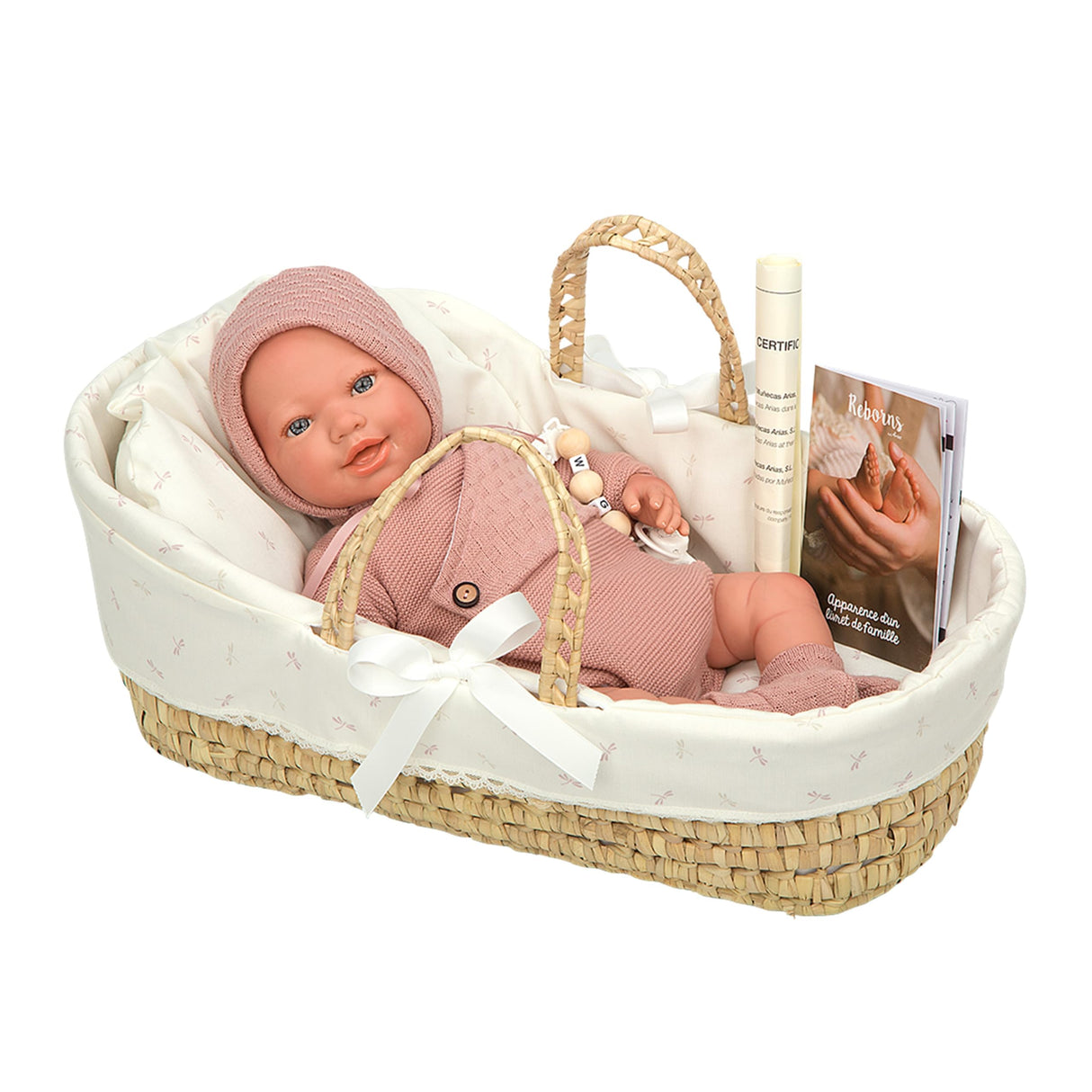 ARIAS - Muñeca Reborn Avana de 45 cm con Canastilla Mimbre, Bebé Realista con Ropita Rosa, Chupete y Chupetero, Extremidades de Vinyl y Cuerpo Blando, Juguete para Niños y Niñas +3 años (ARI98122)