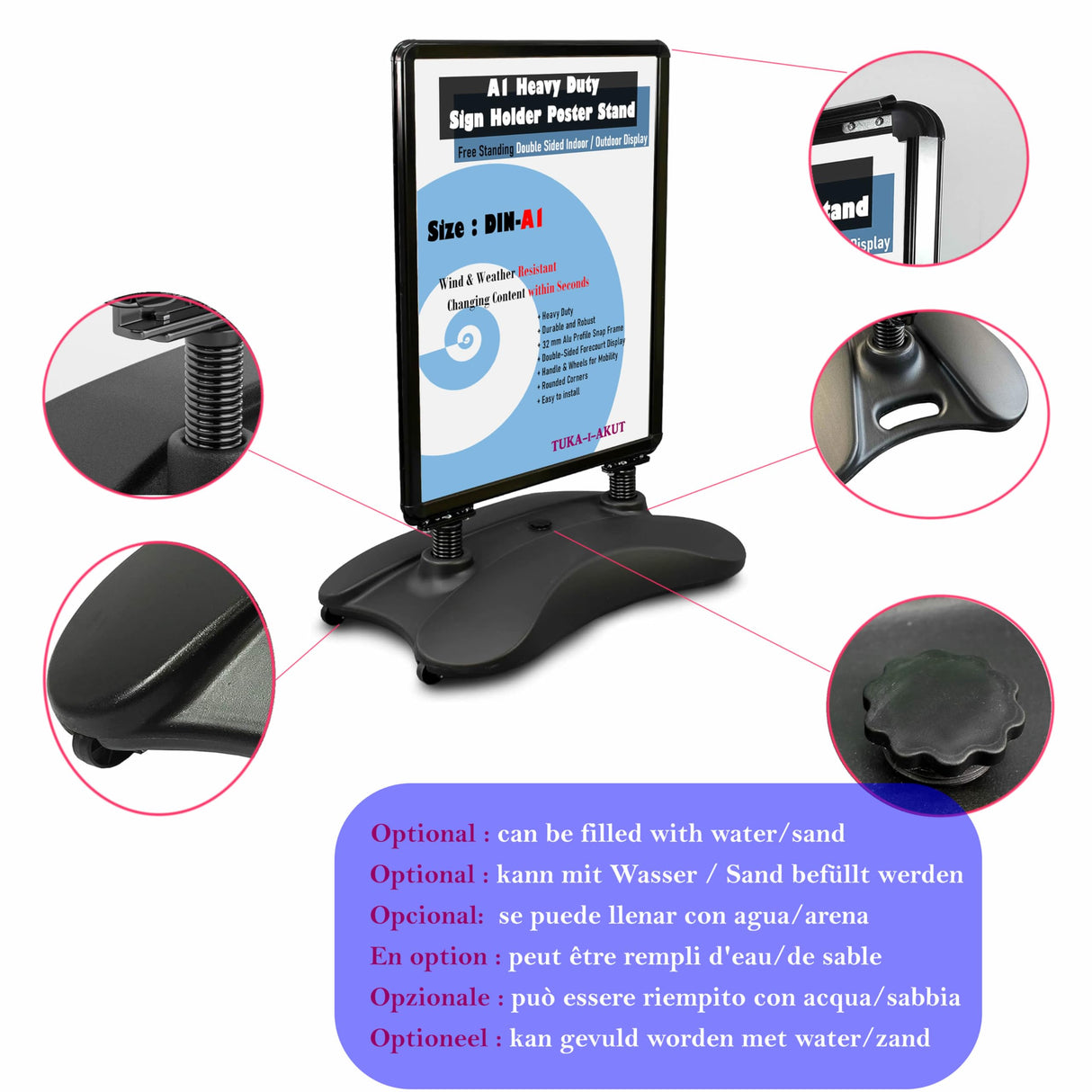 TUKA-i-AKUT DIN A1 Soporte para Carteles, Doble Cara, Robusto Expositor de Póster con Ruedas y Marco de Aluminio, Base Resistente, Soporte Publicitario Estable Interiores y Exteriores, TKD8425 Negro