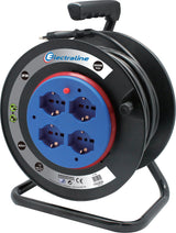 Electraline 49032 Alargador eléctrico con enrollacables de Tambor Fijo m 4 Tomas polivalentes (Schuko + 10/16 A) Enchufe Grande 16 A, con protección-sección del Cable 3G1,5 mm² Negro, 40 MT