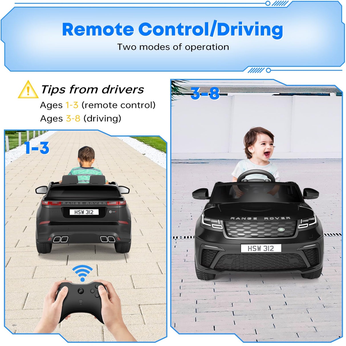 Coche eléctrico para niños, Land Rover con Licencia, 12 V, con Mando a Distancia, música, educación temprana, USB, TF, Mp3, Coche eléctrico para niños a Partir de 3 años (Negro)