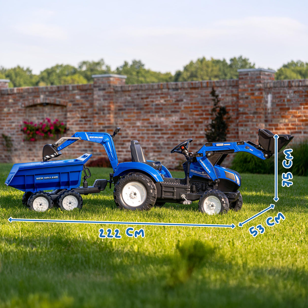 FALK - Retroexcavadora de Pedales New Holland con Excavadora y Remolque basculante - A Partir de 3 años - Fabricada en Francia - Asiento Giratorio - 3090W