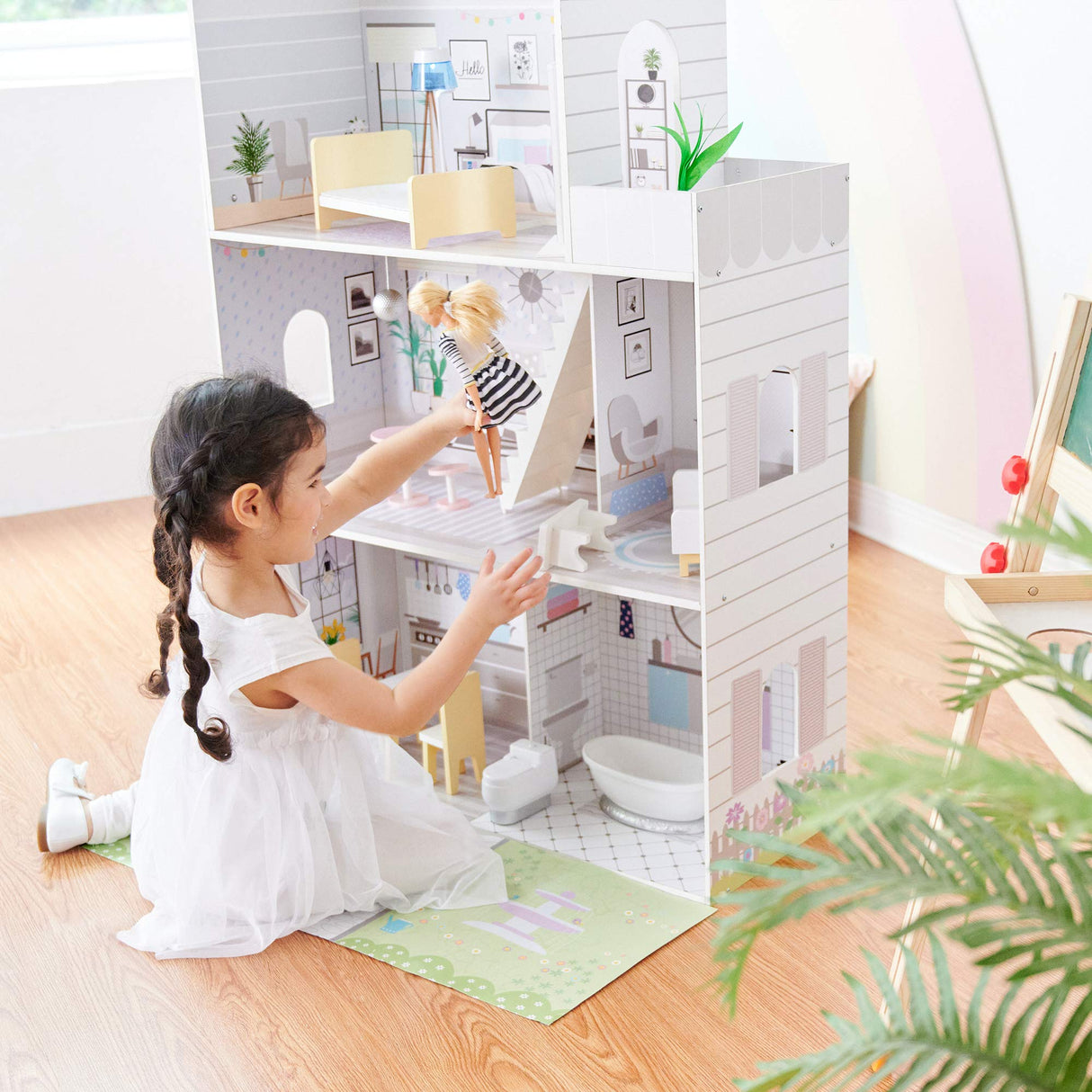 Olivia's Little World Grande Casa de Muñecas de Madera con 3 Niveles con Jardín para Niños y 16 Accesorios y Muebles para Muñecas de 30 cm