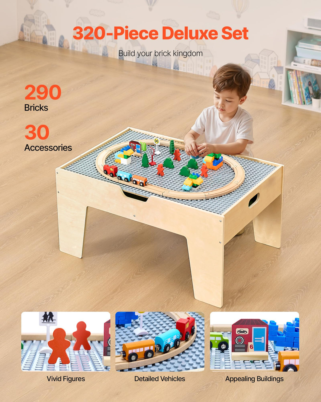 VEVOR Mesa de Juego de Actividades Multiusos con 290 Bloques de Construcción y 30 Accesorios 810x536x395 mm Mesa de Actividades de Madera con Espacio de Almacenamiento para Facilitar Organización