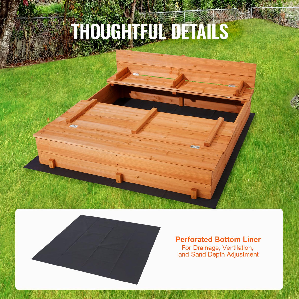 VEVOR Caja de Arena de Madera de 133 x 120 x 43 cm Arenero con Bancos Plegables y Revestimiento Inferior Caja de Arena de Madera para Niños de 3 a 12 Años para Exteriores, Patio, Playa, Parque