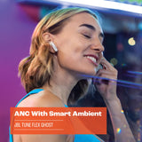 JBL Tune Flex Ghost, Auriculares In-Ear inalámbricos con cancelación de ruido adaptativa, Bluetooth, resistente al agua y al sudor IPX4, aplicación JBL Headphones y 32 horas de batería, Black Ghost